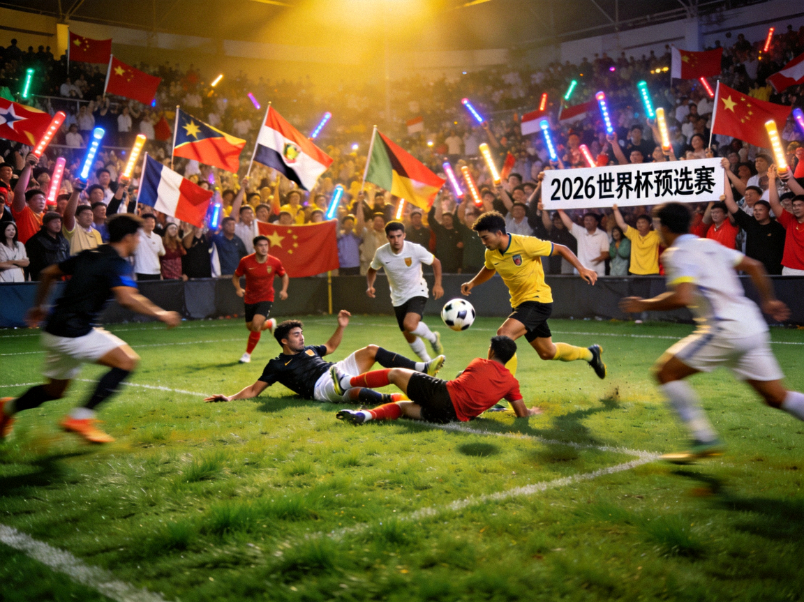 2026年世界杯预选赛激烈场面，多名球员在绿茵场上拼抢争夺球权，观众席气氛热烈