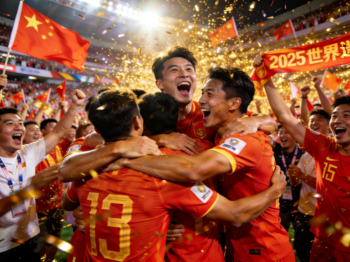 2026年世界杯预选赛国足绝杀瞬间，球员们激动拥抱在一起庆祝胜利，全场球迷沸腾